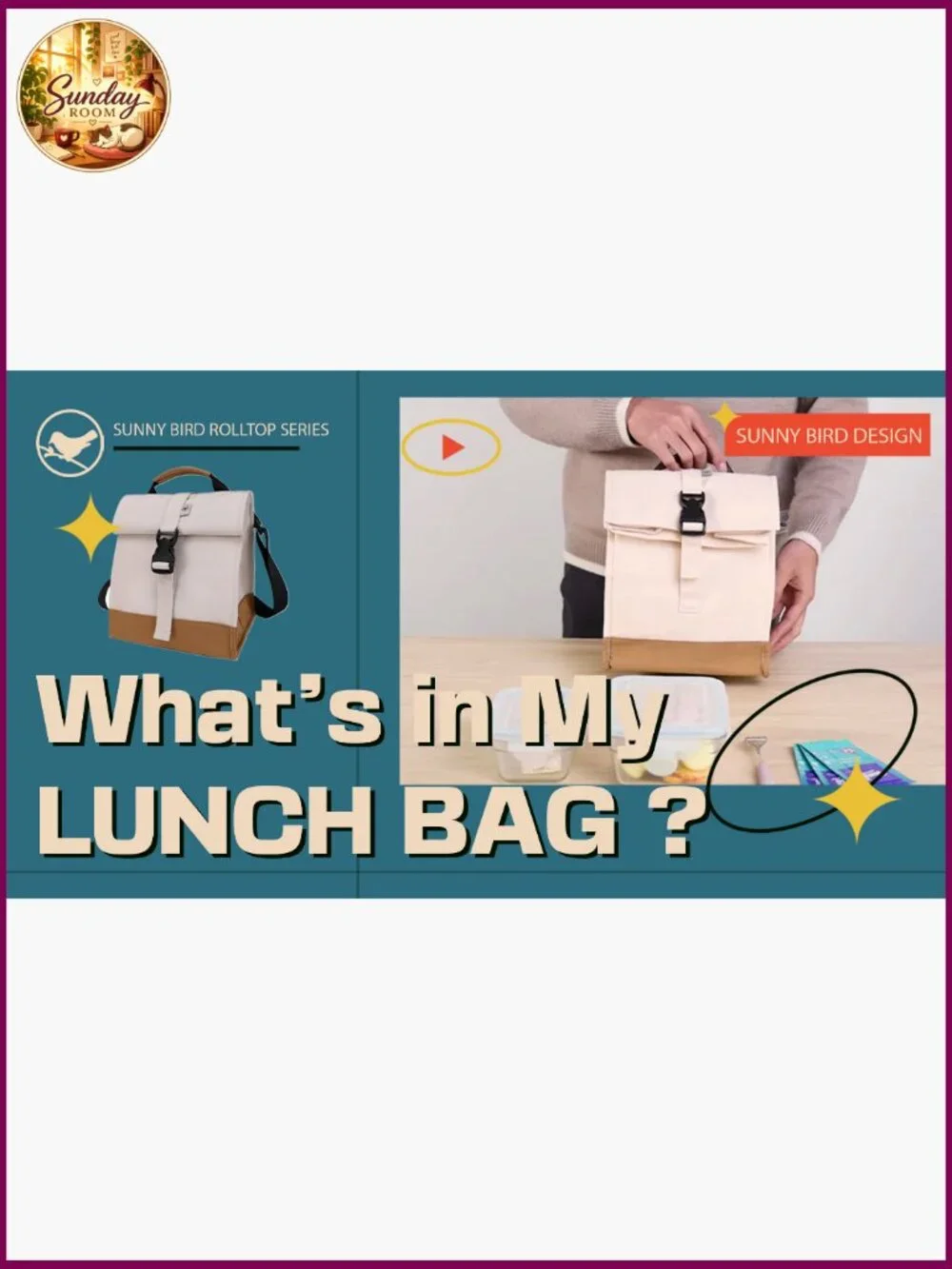 Insulated Rolltop Lunch Bag Tote with Shoulder Strap 8L Capacity